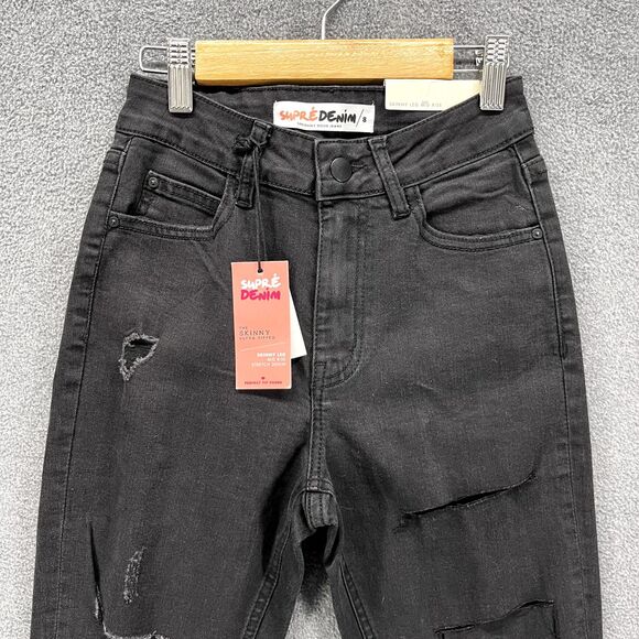 Supredenim Jeans Juniors 8 Black Distressed Skinny ultra Ripped Mid rise - Picture 3 of 15